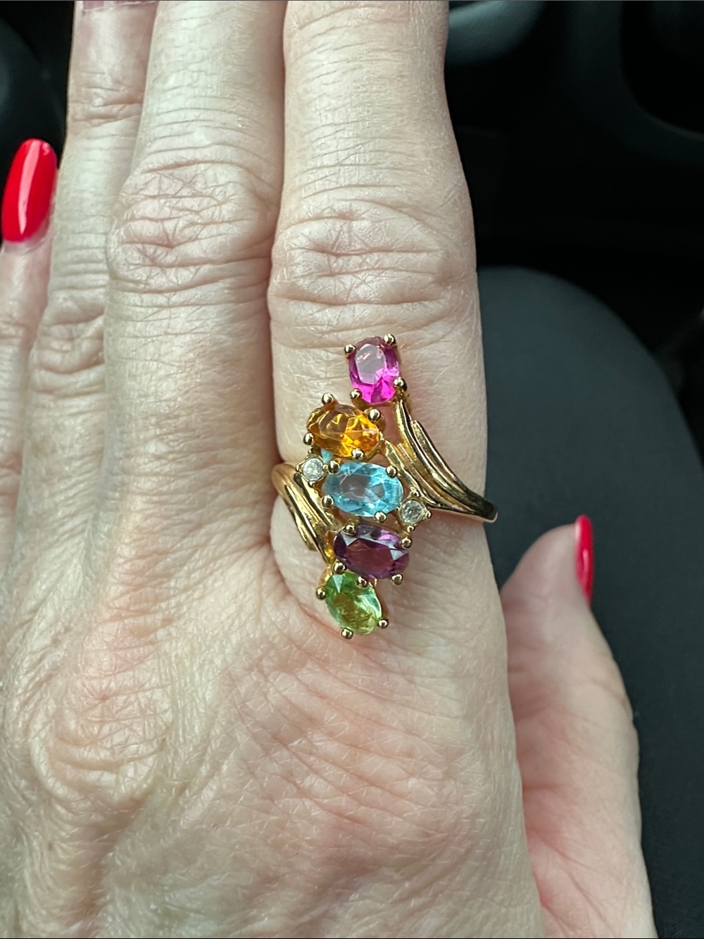 Vintage Morning Sun Multi Gemstone Bypass Cocktail Ring Gold Plated Excellent